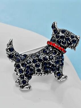 Scottish Terrier Dog Brooch with Navy Blue & Red Rhinestones